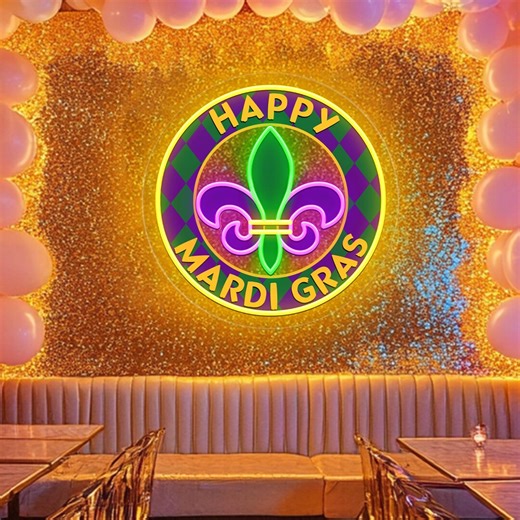 Happy Mardi Gras Neon Sign: Fleur De Lis Led Light Party Decor, Carnival Decor - Etsy