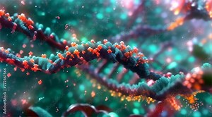 Illustration of a DNA double helix with apparent mutations, highlighted in a luminescent backdrop.