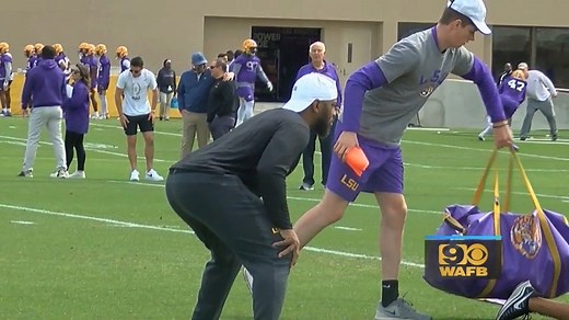 New LSU Football running backs coach and Tiger legend Kevin Faulk goes to work on the first day of spring practice. WAFB Sports #LSU | Jacques Doucet WAFB
