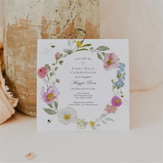First Communion Invitation Template | Baby Christening Printable Invite | Wildflower Floral Boho Printable Invite | Evite, Text or Print - Etsy