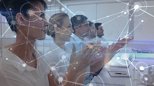 In office, business professionals discussing network connections and processing data animation. meeting, collaboration, technology, communication, teamwork, analysis