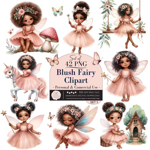 Blush Pink Watercolor Fairy Garden Clipart, African American Fairy, Afro Fairies Clipart, Black Fairies Clipart, Fairy PNG, Commercial Use - Etsy