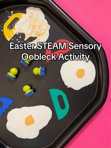 Easter ooblegg tuff tray activity for kids 🐣 Try this messy play activity for British Science Week by mixing 2 parts cornflour and 1 part water to make oobleck. Adjust the consistency until you’re happy Add yellow food colouring to make the yolk for sensory science fun! #ScienceExperiments #STEMEducation #STEMForKids #KidsScience #TuffTrayActivities