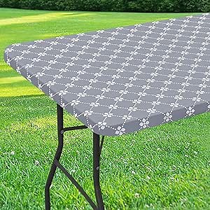 misaya Rectangle Vinyl Table Cloth, Elastic Fitted Tablecloth with Flannel Backing, Waterproof Plastic Table Cover Fits Folding Tables for Camping, Indoor and Outdoor (Grey, 36" x 60")