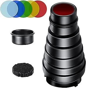 Snoot Photography Bowens Mount Aluminium Alloy Conical Studio Kit for Strobe Moonlights Flash Speedlight With 5 Color Gel Filters and Honeycomb Grid