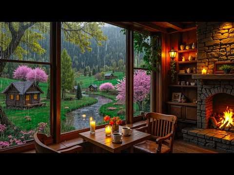 Cozy Spring Mountain Cabin Jazz | Smooth Jazz and Rainfall, Fire Sounds for Work