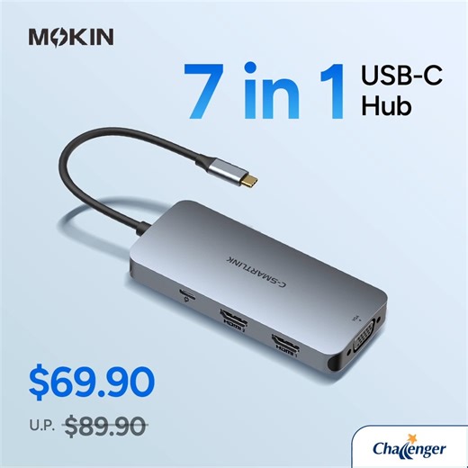 🔌 One Hub. Total Connectivity. Upgrade your workspace with the Mokin 7-in-1 USB-C Hub — built for multitasking without limits. ✨ Key Features • 1× PD Charging Hub • 2× HDMI • 1× VGA • 2× USB 2.0 • 1× USB 3.0 💥 Now only $69.90 U.P. $89.90 Available now at Challenger. #ChallengerSG #Mokin #USBCHub #7in1Hub #WorkFromAnywhere #TechEssentials #ProductivityGear #DeskSetup #FastCharging | Challenger Singapore