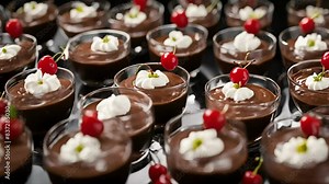 chocolate pudding, chocolate pudding in cups with cherries, desserts, calming, ambient, asmr, food recipes, seamless looping, 4k video animation