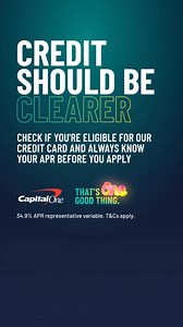 We think credit should be clearer. That’s why we'll tell you if you’re eligible for our credit card and the APR you’ll get, before you apply. That's One Good Thing. 34.9% APR representative variable. T&Cs apply. | Capital One UK