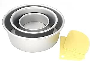 Premium Anodized Aluminum Round Cake Pan Set - 4", 6", 8" with Removable Bottoms and a Set of 3 Scrapers, Perfect for Cheesecake Chiffon Layer Cakes and More