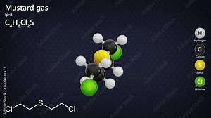 Mustard gas, or sulfur mustard (C4H8Cl2S), is a toxic chemical warfare agent first used in WWI. It appears as a yellowish oily liquid with a garlic-like odor. Dark back. 3D render. Seamless loop