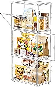 3 Drawers Rolling Storage Cart, FODIENS Clear Mobile Utility Cart Storage Drawers with Wheels & Double Doors, Stackable Storage Box Organizer for Kitchen Bathroom Bedroom Office Narrow Spaces (Wide)