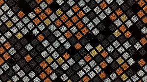 Technological background with parallel rows of orange, yellow, white, and black square shaped QR codes. Animation. Many same size QR codes on black background, seamless loop.