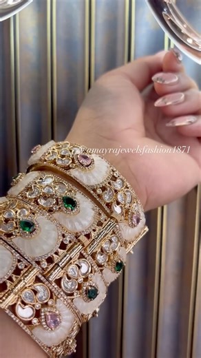 Rupika Amayrajewels on Instagram: "Luxury you can feel ✨ These Polki & Mother-of-Pearl bangles are crafted to give full royal bridal vibes with a modern glow. The soft MOP shine + statement Polki stones + rich gold detailing make them perfect for weddings, festivals, and grand occasions. One wear = instant elegance, instant compliments 🤍 ⸻ [Polki bangles, MOP bangles, mother of pearl jewelry, bridal bangles, luxury bangles, wedding jewelry, royal jewelry, Indian bridal style, statement bangles,