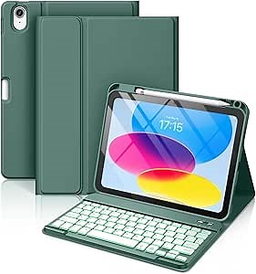 Hamile Keyboard Case for iPad 11th 10th Generation - 7 Colors Backlit Wireless Detachable Folio Keyboard Cover with Pencil Holder for iPad 11-inch A16 2025 10th Gen 10.9 Inch 2022 (Midnight Green)