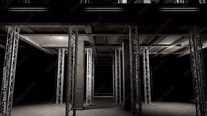 Concrete hall with truss and neon lights, camera moving upwards with chase lights animation, seamless VJ Loop