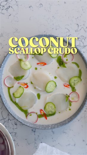 Tuệ on Instagram: "Try this crudo sauce with hamachi or salmon too!! It’s so good 😌 comment “recipe” for the full written recipe with instructions . . • 6 LARGE SEA SCALLOPS, SASHIMI-GRADE • 1/2 CUP COCONUT MILK, FULL-FAT (CHILLED) • 1 TBSP LIME JUICE (FRESH) • 1 TSP FISH SAUCE OR LIGHT SOY SAUCE • 1/2 TSP FINELY GRATED GINGER • 1 BIRD’S EYE CHILLI, THINLY SLICED • 1 TBSP FINELY CHOPPED SHALLOT • 1 PERSIAN CUCUMBER (THINLY SLICED FOR GARNISH) • 2 RADISH (THINLY SLICED FOR GARNISH) • SEA SALT 