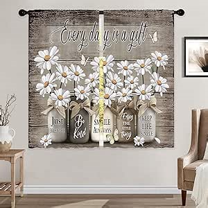 Farmhouse Daisy Floral Curtains Country Rustic Vintage Flower Window Curtains 42x45 Inch for Bedroom Living Room Decor Mason Jar Wooden Barn Farm Window Drapes Treatment Fabric Rod Pocket