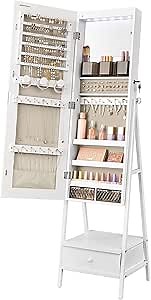 SONGMICS LED Mirror Jewelry Cabinet Standing, Lockable Jewelry Armoire with Full-Length Mirror, Space-Saving Jewelry Organizer with Mirror, Drawer and Shelf, Gift Idea, Cloud White UJJC025W01