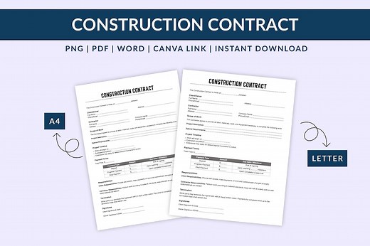 Construction Contract Template | Editable Contractor Agreement | Printable Word, PDF & PNG | Building Project Contract Form - Etsy Australia