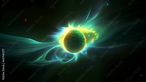 This image shows a vibrant yellow quasar in the center of a dim dark night sky. The quasar appears like a bright whitehot spark radiating outward in different directions