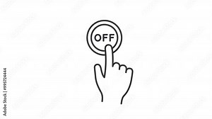 Power off button line animation. Click element animated icon. Moving hand, pressing. Activate, turn. Black illustration on white background. HD video with alpha channel. Motion graphic