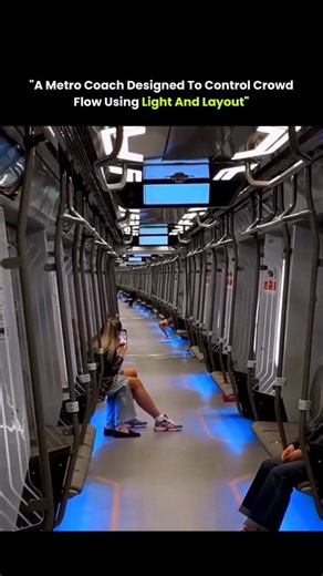 InfoFlashx⚡ on Instagram: "Modern metro trains use smart interior design to manage passenger flow without constant announcements or signage. In this coach, soft blue floor lights clearly mark where to stand, walk, and board when the doors open. These visual cues guide passengers intuitively, reducing confusion and crowding during peak hours while keeping aisles clear and movement smooth. The symmetrical seating layout and evenly spaced vertical handrails help distribute passenger weight across t