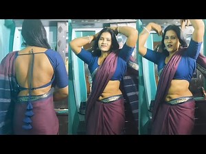 Elegant Wine Shade Saree with Designer Blue Cotton Blouse | Low Waist Saree Mirror Back Pose