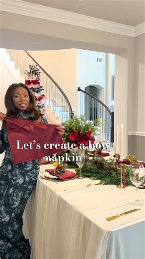 Hannah Osei-Kumi on Instagram: "A simple napkin fold in 3 simple steps. Step 1: Fold your napkin into a triangle, then fold it over three times to create a long strip. Step 2: Place your left hand in the center of the folded napkin. While holding the middle, bring the right end down, then the left end down, keeping your hand firmly in place. Step 3: Slide a napkin ring through the right end and gently adjust until it forms a bow. #napkinfold #bownapkin #houstoneventplanner"