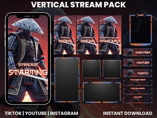 Samurai Vertical Stream Pack | Warrior Anime Style Overlay for Tiktok Live | OBS Streamlabs Mobile | Neon Blue Orange Thunder Theme - Etsy