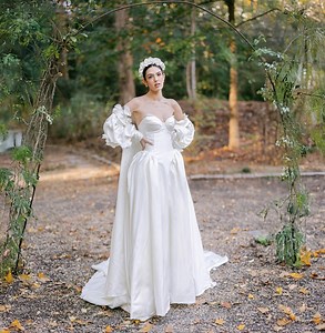 Basque Waist Satin Wedding Dress With Corset Back and Bridal Cape With Balloon Sleeves and 3D Flowers Applique - Etsy