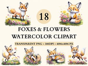 Watercolor Fox Clipart, Fox and Flower Clipart, Woodland Animal Clipart, Cute Fox Baby Illustrations, Fox Nursery Clipart, Baby Fox Clipart - Etsy