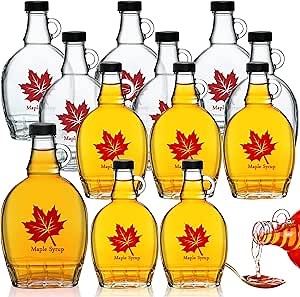 Havawish 12 Pcs Glass Maple Syrup Bottles Reusable Clear Glass Bottles with Loop Handle and Black Plastic Lids Jars Syrup Container for Potion Sauce Oil Milk Juice Storage Gift(8 oz)