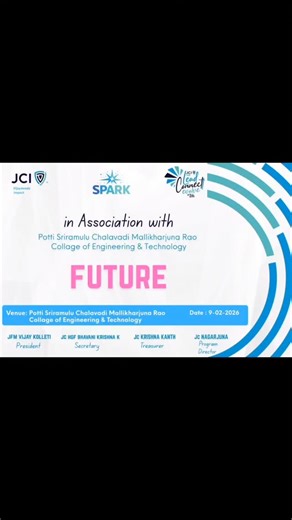 Jami. 🌗💌 on Instagram: "JCI Vijayawada Impact was thrilled to host the "FUTURE" program under our SPARK initiative at Potti Sriramulu Chalavadi Mallikharjuna Rao College of Engineering & Technology. 🎓✨ ​It was an incredible day of connecting with bright young minds, sparking new ideas, and laying the groundwork for the leaders of tomorrow. As we move forward in 2026, we remain committed to our mission to Lead, Connect, and Evolve. ​A huge thank you to the college management and all the studen
