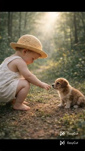A Joyful Walk: Baby and Puppy in the Forest