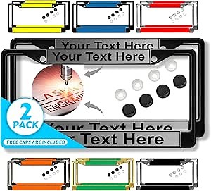 Custom Personalized Metal Laser Engraved Car/Automobile License Plate Frame with Free caps - Available in Black, Chrome, Gunmetal and Gold Finish - Steel/Black Text - Set of 2 Frames