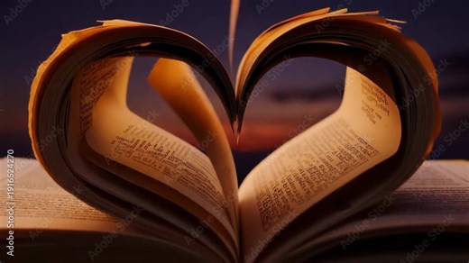 Open book pages forming heart shape concept for love story valentines day and romantic literature