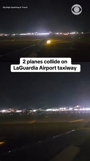A collision occurred between two Delta Air Lines planes at an intersection of taxiways at LaGuardia Airport in New York on Wednesday night. New video shows the moment the planes hit each other. https://cbsn.ws/48Mvy6t | CBS News