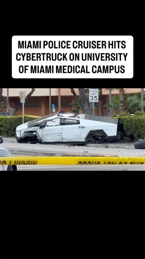 Billy Corben on Instagram: "#BREAKING: Miami Police cruiser hit by a Tesla Cybertruck today around 6pm at N.W. 12th Ave. and N.W. 14th St. on the University of Miami Medical Campus. According to an UM alert: “Traffic is closed in all directions. UHealth Public Safety is rerouting traffic exiting the 14th St. and Dominion Tower garages. Please avoid the area and reroute as appropriate.”"