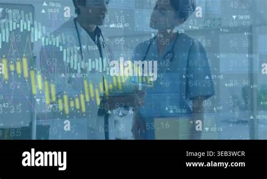 A man is holding a tablet computer and smiling while two young caucasian doctors talk and shake hands in a hospital. Global business finance connections and technology concept digitally generated video Stock Video Footage - Alamy