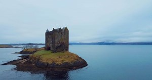 Aerial view of Castle Stalker in Scotland