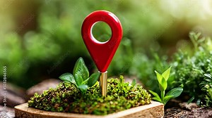 Eco-friendly geolocation concept with red pin on mossy tile in nature setting