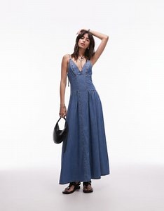 Topshop denim maxi dress with seam detail and ruching in mid blue | ASOS