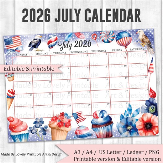 EDITABLE July 2026 Calendar, 4th of July, Independence Day Planner, Printable Fillable Calendar Planner, 4th of July Day Planner, Instan4 - Etsy Australia