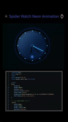 resources_tech on Instagram: "🕷️ Spider Watch Neon Animation | HTML CSS JavaScript ⌚🔥 ▶️youtube :- https://youtube.com/@resources_tech?si=T8dqzO8I6vLf63K2 ❤️ LIKE this post if you learned something new! 💬 COMMENT your favourite part or ask any doubt — I reply fast! 🔁 SHARE this with your coding friends & help them learn too! 👉 SAVE this post for later — you’ll need this code again! 📩 FOLLOW for more HTML, CSS, JS, PHP and UI/UX tutorials! #reels #trendingreels #techcontent #viral #webdevlo