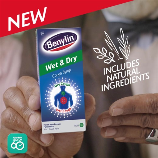 Stop letting a cough keep you down 🙌 New Benylin Wet & Dry Cough Syrup effectively tackles both wet and dry coughs, so you can feel better and stay active. Clear your throat and take on the day 💪​ ​Delivered in 60 minutes 🛵 | Checkers Sixty60