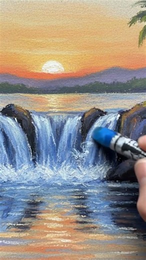 “Easy Waterfall Sunset Drawing with Oil Pastels 🌅 | Simple Nature Art #shorts #nature
