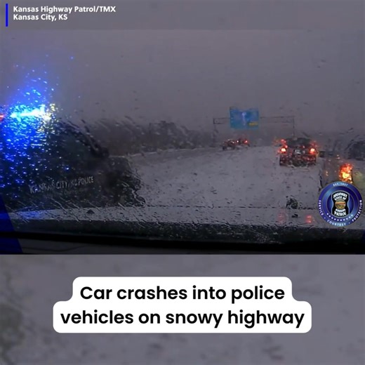20K views · 68 reactions | Look out! Dashcam video captured the moment a car crashed into two police vehicles on a snowy highway, causing one officer to run out of the way. #police #snow #weather #crash #kansascity | NewsChannel10 | Facebook