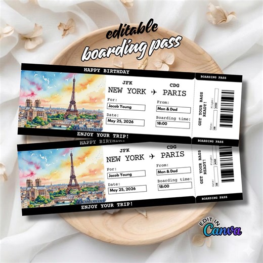 Paris Boarding Pass Template, Personalized Flight Ticket Gift, Editable Canva Airline Ticket, Surprise Trip Invite - Etsy Australia