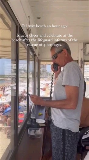 Tel Aviv beach: Israelis cheer and celebrate at the beach after the lifeguard informs of the rescue of 4 hostages. Noa Argamani (26) Almog Meir Jan (21) Andrey Kozlov (27) Shlomi Ziv (40) They are in good medical condition and have been transferred to the ‘Sheba’ Tel-HaShomer Medical Center for further medical examinations. The 4 were kidnapped by the Hamas terrorist organization from the ‘Nova’ music festival on October 7th. | Israel in Miami